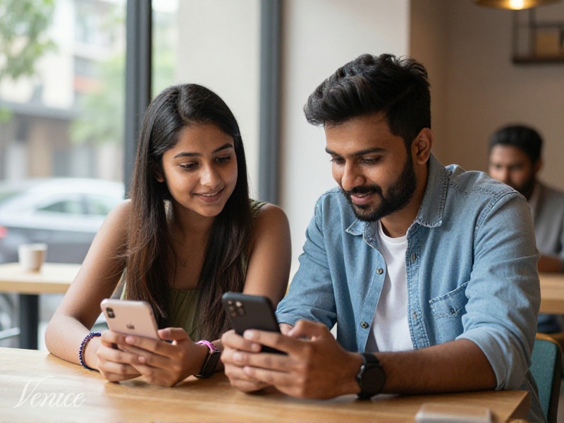 Young Indian couple looking at phone, modern Mumbai cafe setting, soft daylight, photo-realistic