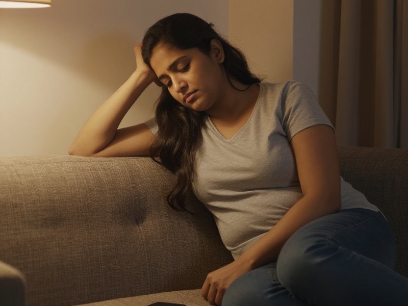 एक थकी हुई युवा भारतीय महिला देर शाम अपने कमरे में सोफ़े पर बैठकर फ़ोन में खुली डेटिंग ऐप को उदास नज़रों से देख रही है, कमरे में हल्की गर्म रोशनी।