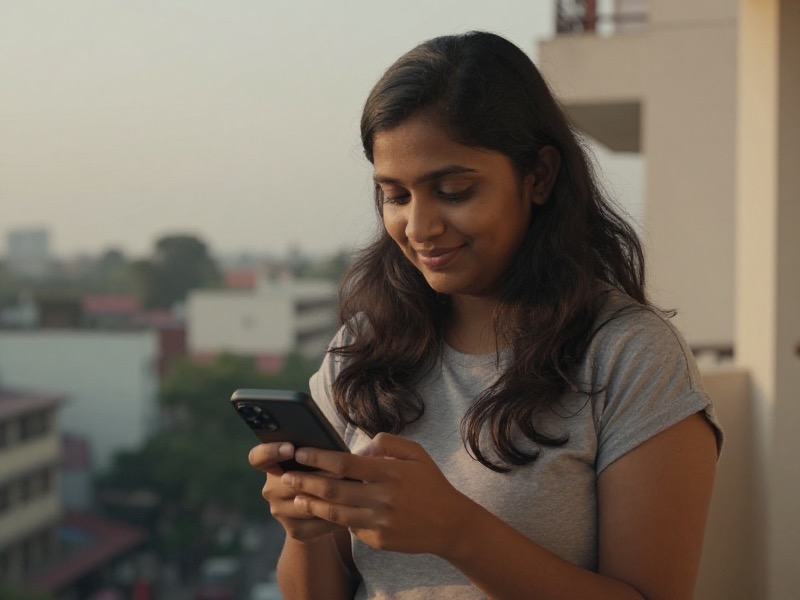 एक युवा भारतीय पुरुष कैफ़े की नरम रोशनी में फ़ोन पर मुस्कुराते हुए किसी से लंबी बातचीत करता हुआ, सामने कॉफ़ी का कप और नोटबुक रखी है।