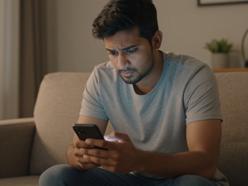एक 25-30 साल का भारतीय युवा एक साधारण शहर के अपार्टमेंट में सोफ़े पर बैठा फ़ोन देख रहा है, चेहरे पर हल्की निराशा और थोड़ी उम्मीद का मिला-जुला भाव, शाम की गर्म रोशनी, रोज़मर्रा के सामान्य कपड़े, फोटो-रियलिस्टिक।