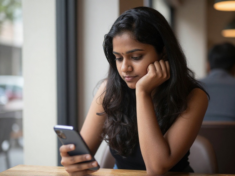 दिल्ली के एक कैफ़े में बैठी एक युवा भारतीय महिला अपने स्मार्टफोन पर dating app की chat देखते हुए सोच में डूबी हुई, खिड़की से आती हल्की रोशनी में