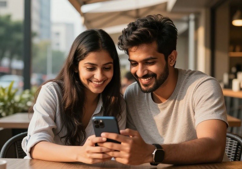 मुंबई के एक उजले कैफ़े में लैपटॉप और कॉफ़ी के साथ मुस्कुराते हुए दो युवा भारतीय, सहज और भरोसेमंद माहौल, दिन की प्राकृतिक रोशनी, यथार्थवादी फ़ोटो