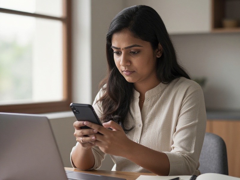 मुंबई के एक व्यस्त कैफ़े में खिड़की के पास बैठी 27 साल की भारतीय युवती शाम की सुनहरी रोशनी में अपने स्मार्टफ़ोन पर dating app की profile देख रही है, पीछे हल्की भीड़ और शहर की रौशनी दिख रही है, फोटो-रियलिस्टिक तस्वीर।