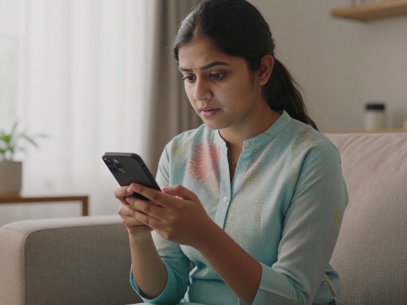 एक युवा भारतीय व्यक्ति अपने स्मार्टफोन में Telegram ऐप पर एक dating bot की प्रोफ़ाइल ध्यान से जाँचता हुआ, घर के कमरे में नरम शाम की रोशनी में आत्मविश्वास और सतर्कता के भाव के साथ।