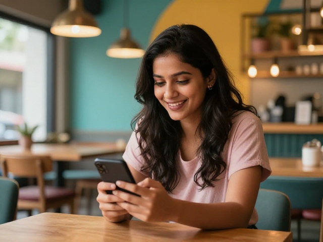 Young Indian couple chatting on Telegram dating app on their phones in a busy city